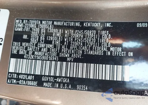 2009 Toyota Venza Base V6 z USA, uszkodzony, nr VIN 4T3ZK11A59U016945